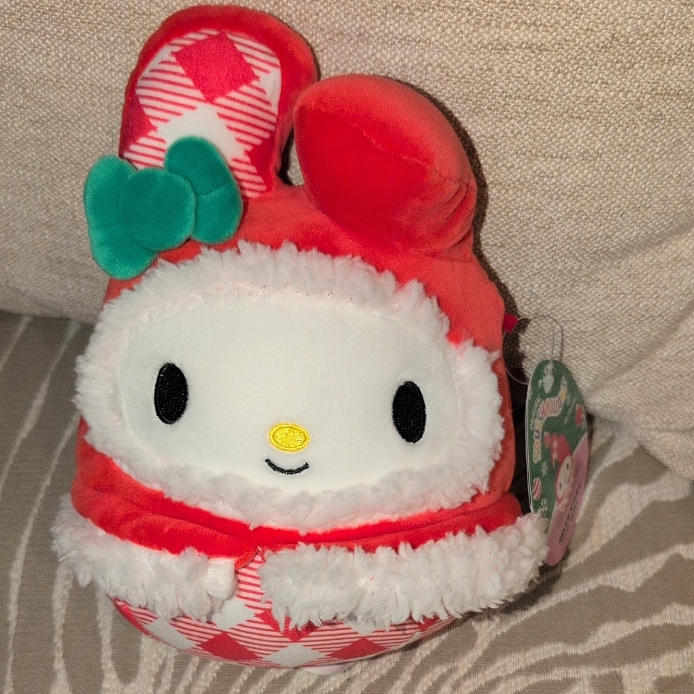 Squishmallows Hello Kitty Red and White Plush with Green Bow Christmas NWT
